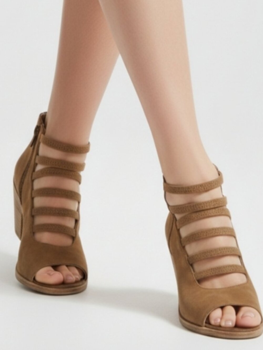 Eileen Fisher SZ 5.5 James Nubuck Strappy 3" Block Heel Peep Toe Back Zip Shoes